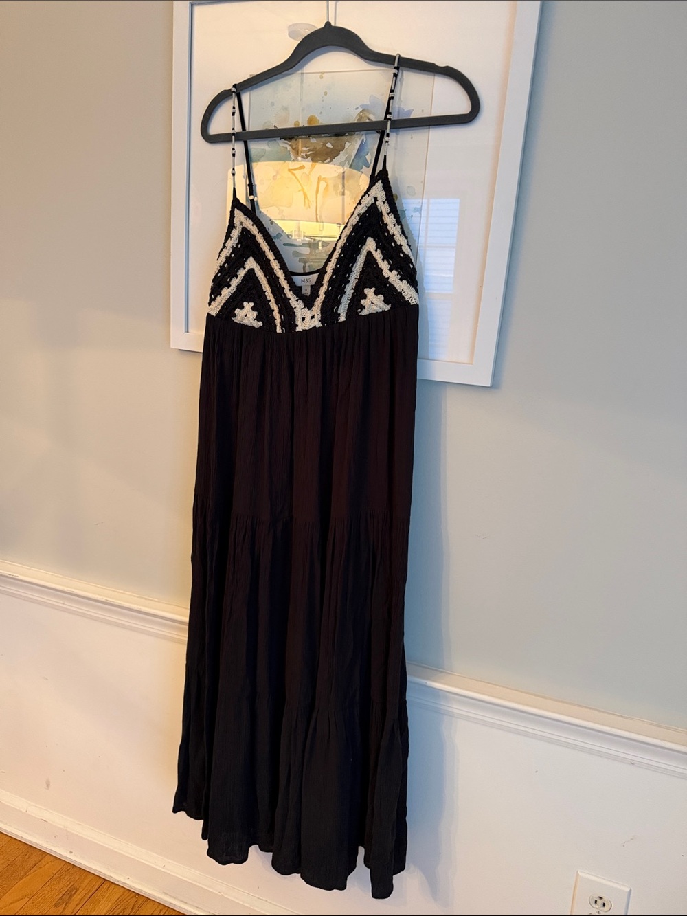 Black Maxi Dress with Ivory crochet Embroidered V-Neck Beaded Straps